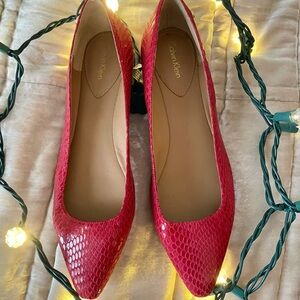 NWOT Calvin Klein red leather snake skin-embossed pointy flats!